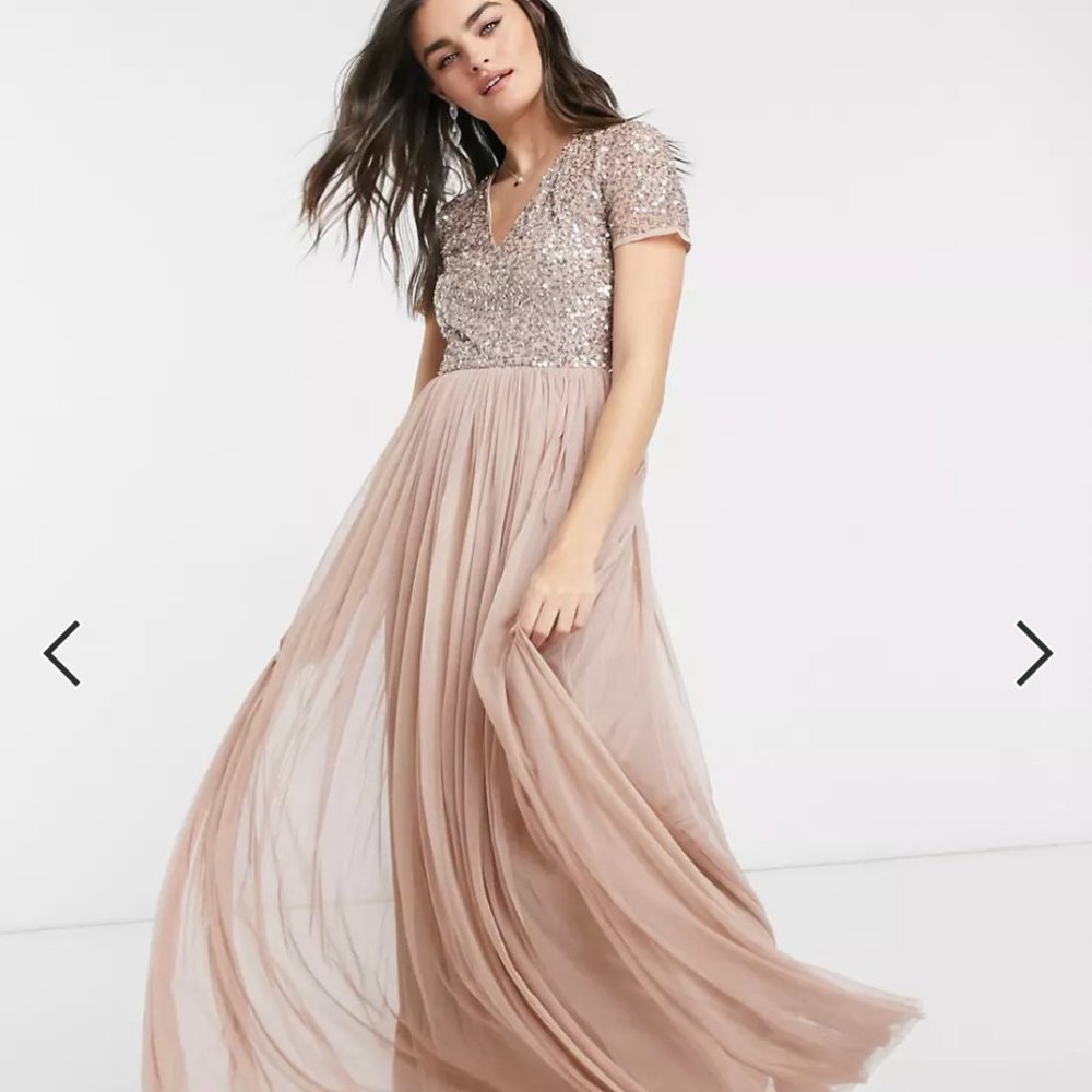Asos Maya Short Sleeve Maxi Tulle Bridesmaid Dress - Muted Blush - Size 12
